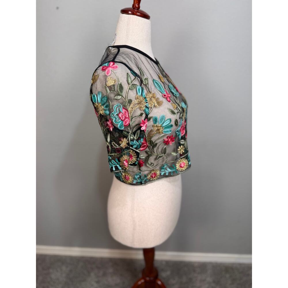 Rebellion embroidered sheer mesh crop top black floral velvet trim Sz M NWT - Picture 4 of 12